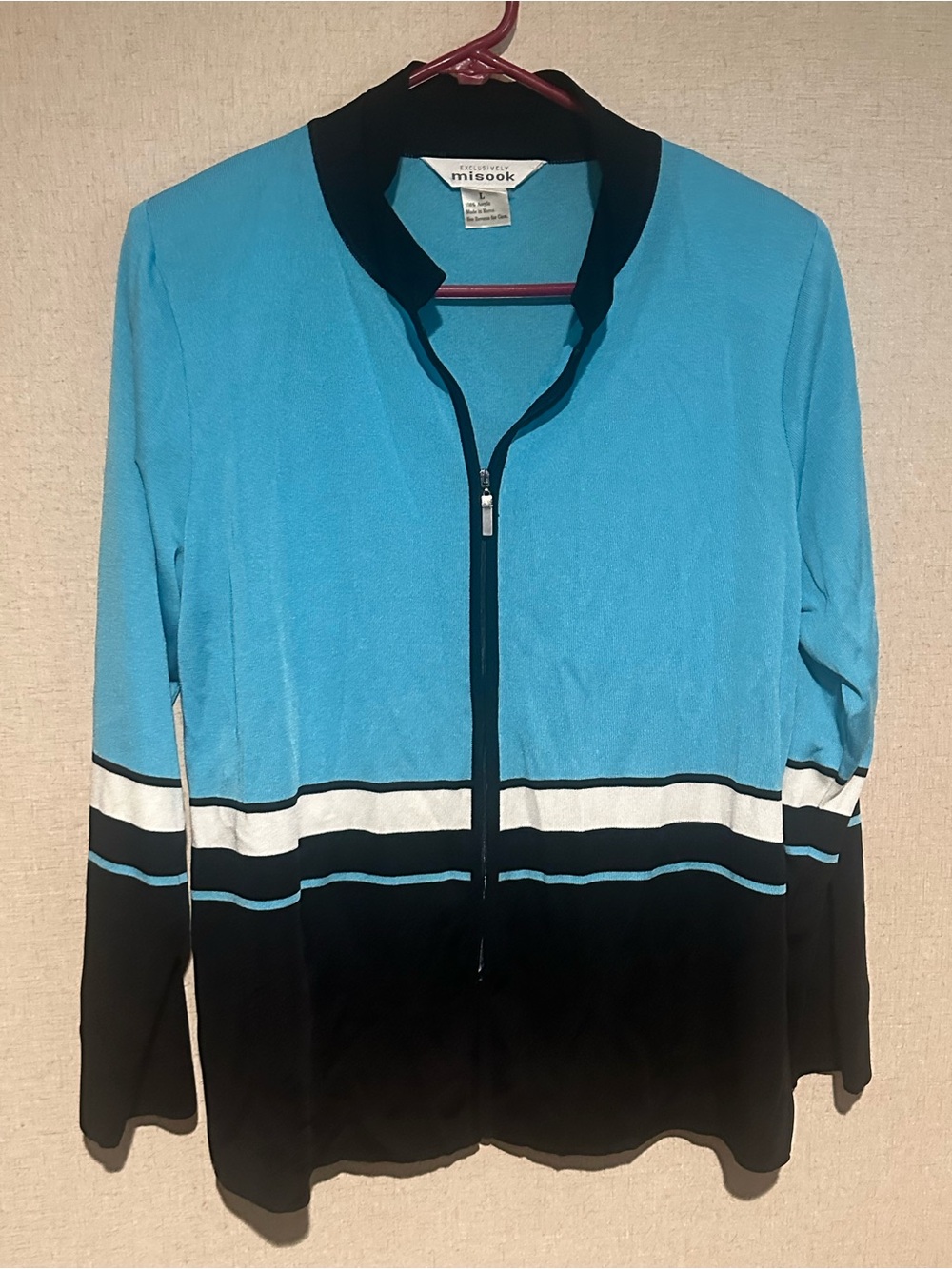 Misook Women's Large Vintage Turquoise and Black Zip-Front Cardigan